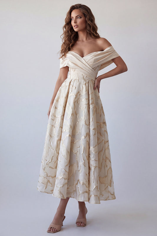 A Line Ruched Champagne Off the Shoulder Long Formal Dress