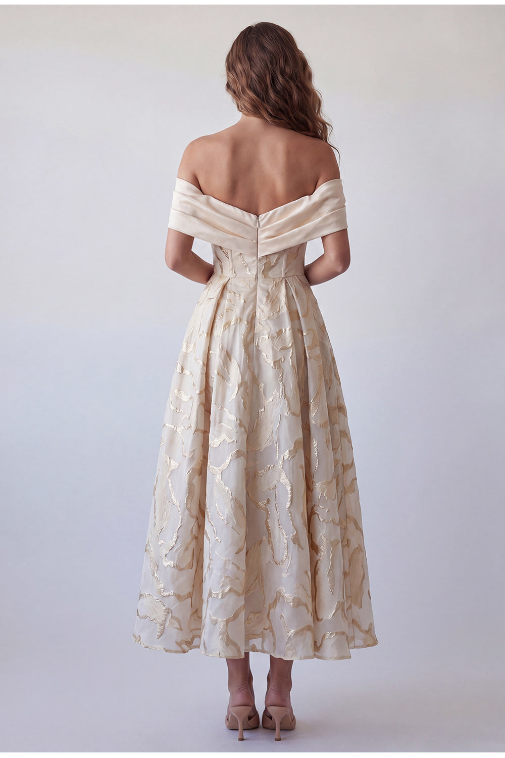 A Line Ruched Champagne Off the Shoulder Long Formal Dress