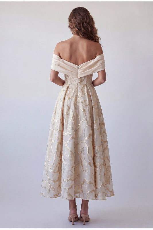 A Line Ruched Champagne Off the Shoulder Long Formal Dress