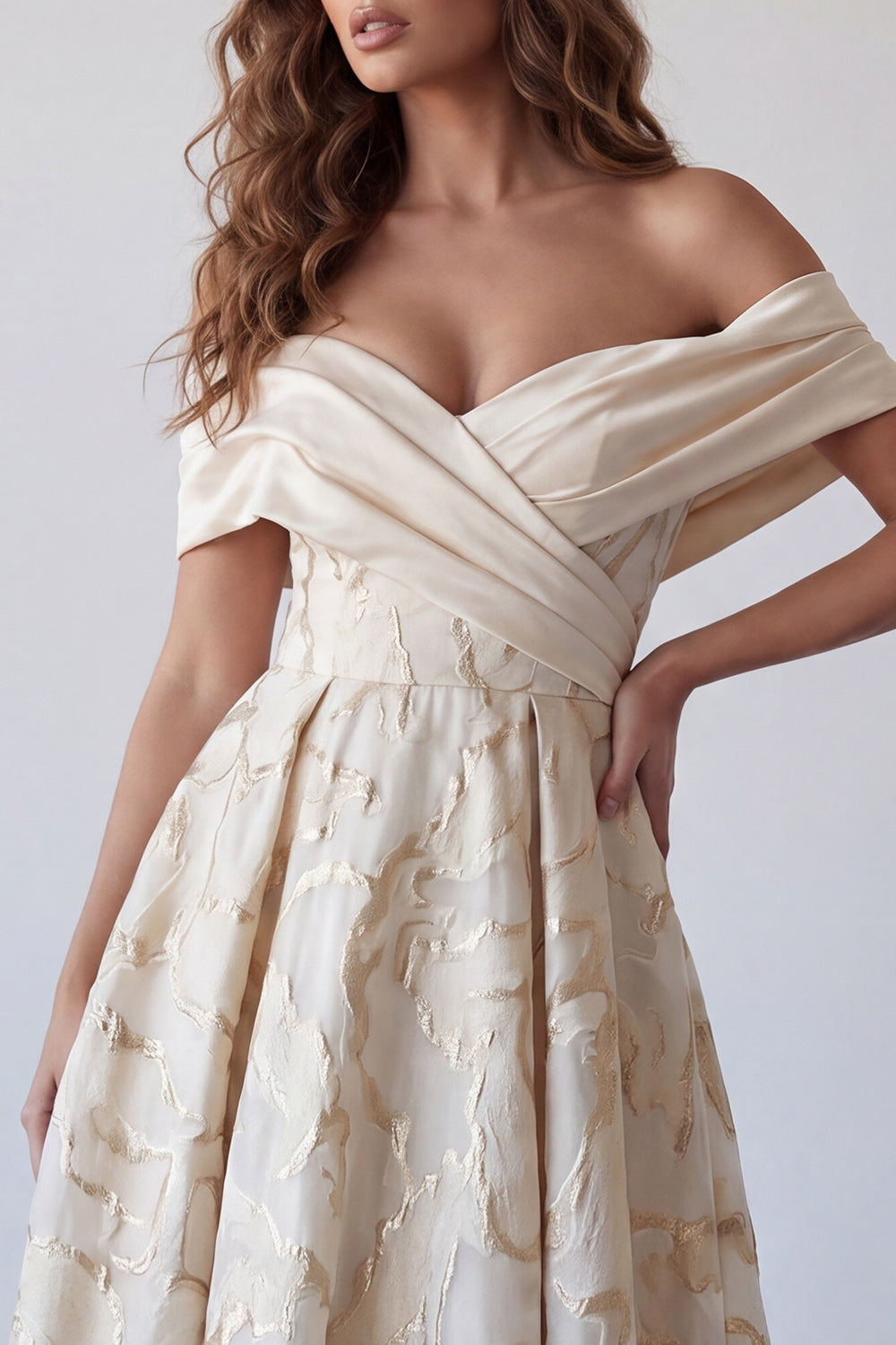 A Line Ruched Champagne Off the Shoulder Long Formal Dress