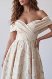 A Line Ruched Champagne Off the Shoulder Long Formal Dress
