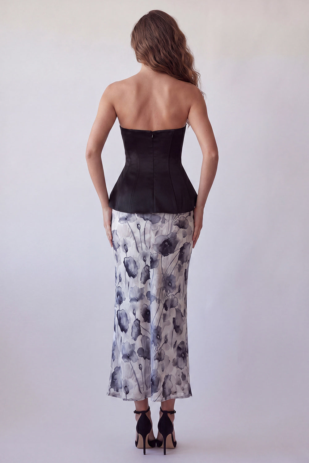Black Strapless Floral Basque Waist Long Corset Mermaid Formal Dress