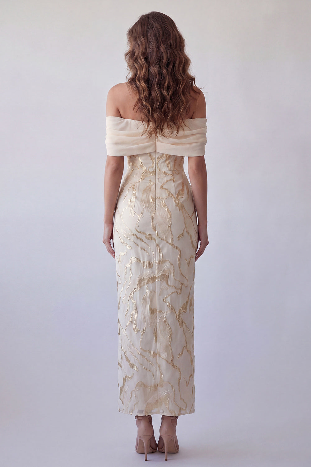 Sheath Long Champagne Off the Shoulder Formal Dress