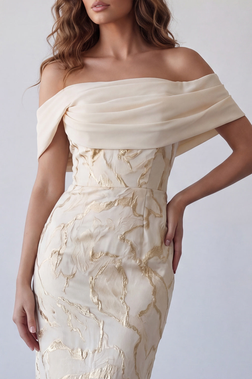 Sheath Long Champagne Off the Shoulder Formal Dress