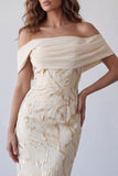 Sheath Long Champagne Off the Shoulder Formal Dress