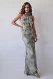 High Neck Mermaid Dusty Sage Floral Long Ruffled Formal Dress with 3D Flower