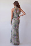 High Neck Mermaid Dusty Sage Floral Long Ruffled Formal Dress with 3D Flower
