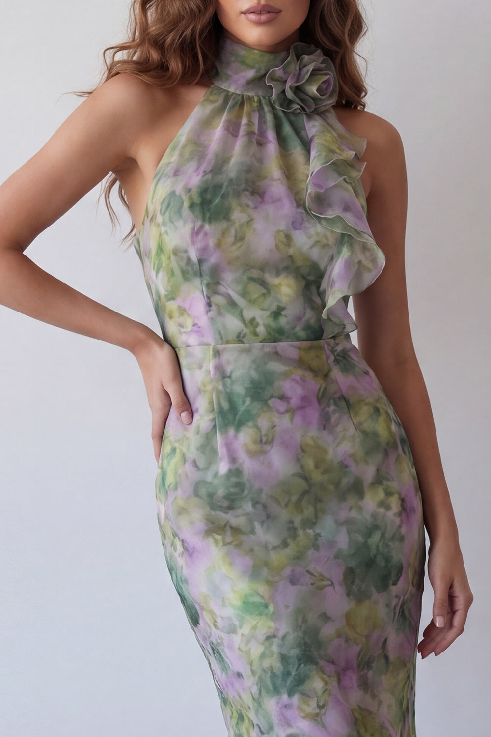 High Neck Mermaid Dusty Sage Floral Long Ruffled Formal Dress with 3D Flower