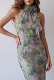 High Neck Mermaid Dusty Sage Floral Long Ruffled Formal Dress with 3D Flower