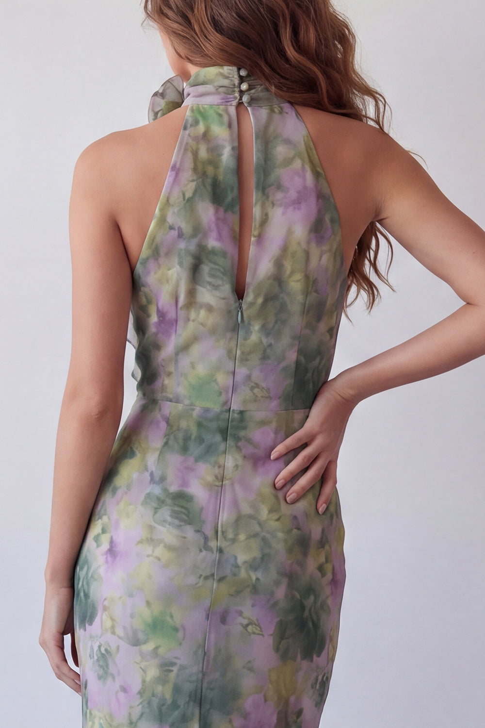 High Neck Mermaid Dusty Sage Floral Long Ruffled Formal Dress with 3D Flower