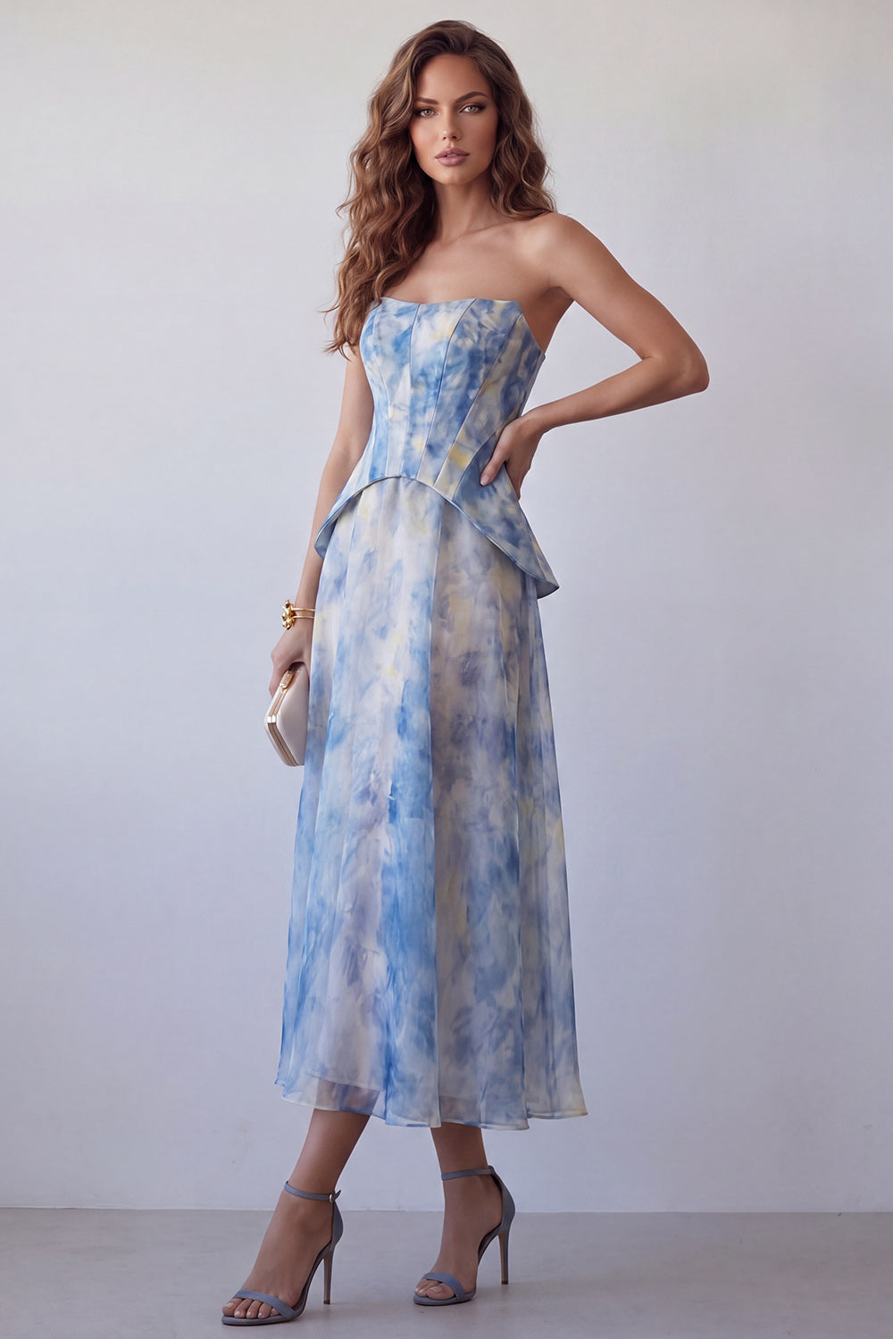 Dusty Blue Tie Dye Strapless Basque Waist Long Corset A Line Formal Dress