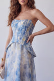 Dusty Blue Tie Dye Strapless Basque Waist Long Corset A Line Formal Dress