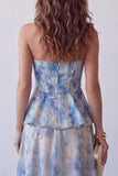 Dusty Blue Tie Dye Strapless Basque Waist Long Corset A Line Formal Dress