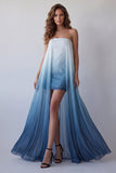 Lake Blue Tie Dye Strapless Beach Wedding Guest Dress with Cape