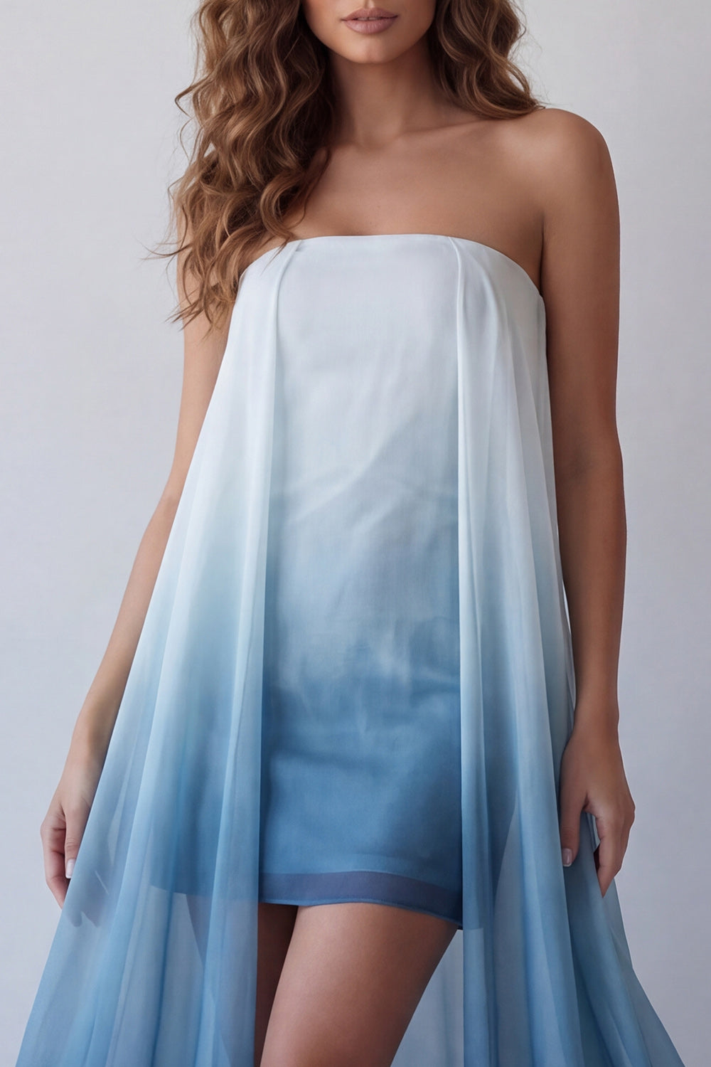Lake Blue Tie Dye Strapless Beach Wedding Guest Dress with Cape
