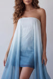 Lake Blue Tie Dye Strapless Beach Wedding Guest Dress with Cape