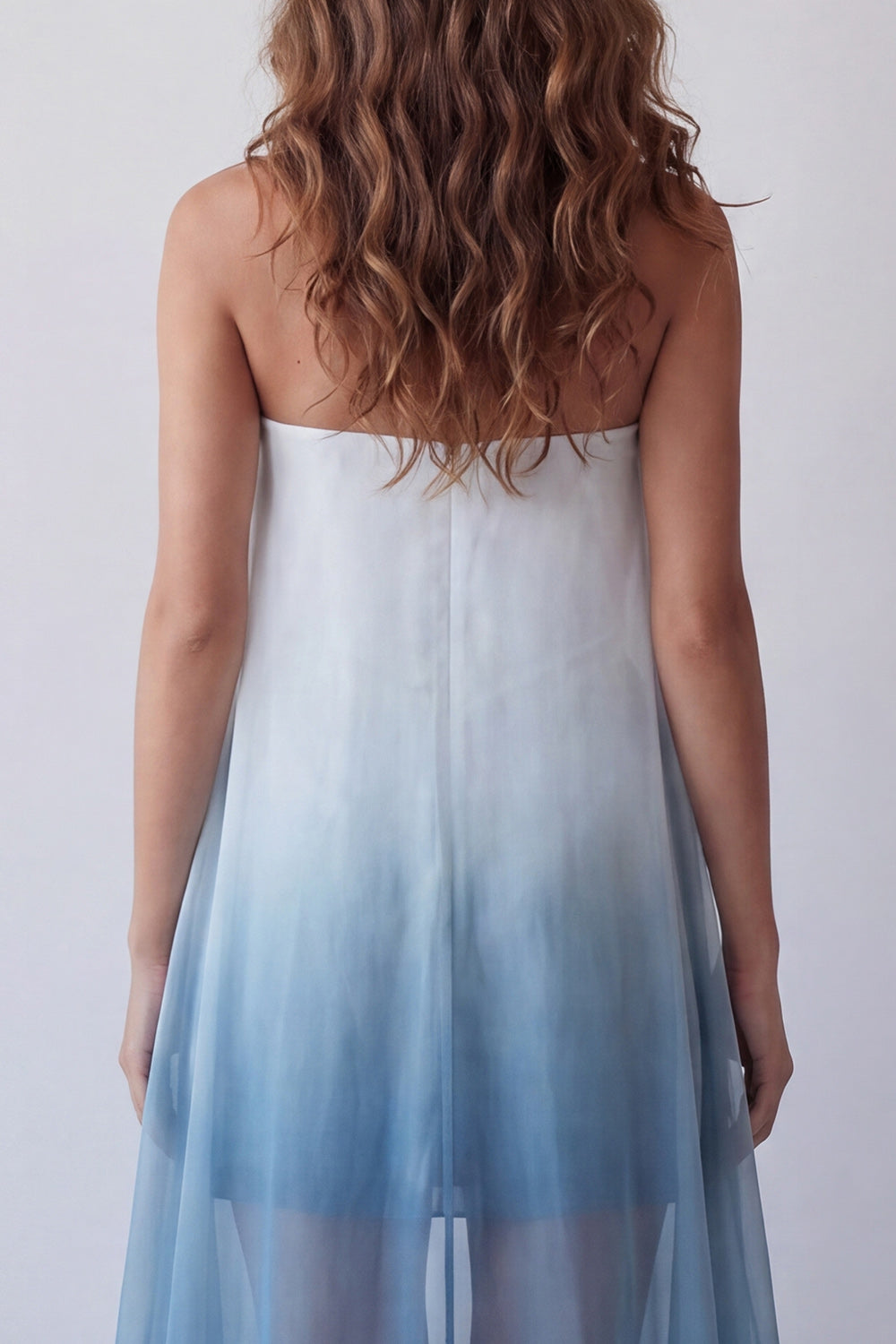Lake Blue Tie Dye Strapless Beach Wedding Guest Dress with Cape