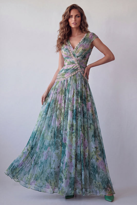 V-Neck Dusty Sage Floral Ruched Long A Line Formal Dress with Beading