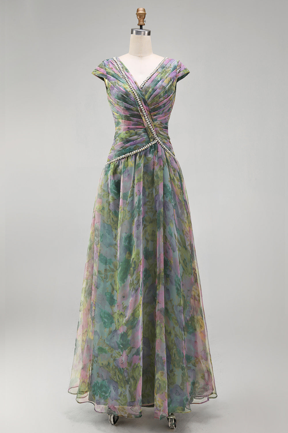 V-Neck Dusty Sage Floral Ruched Long A Line Formal Dress with Beading