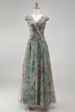 V-Neck Dusty Sage Floral Ruched Long A Line Formal Dress with Beading