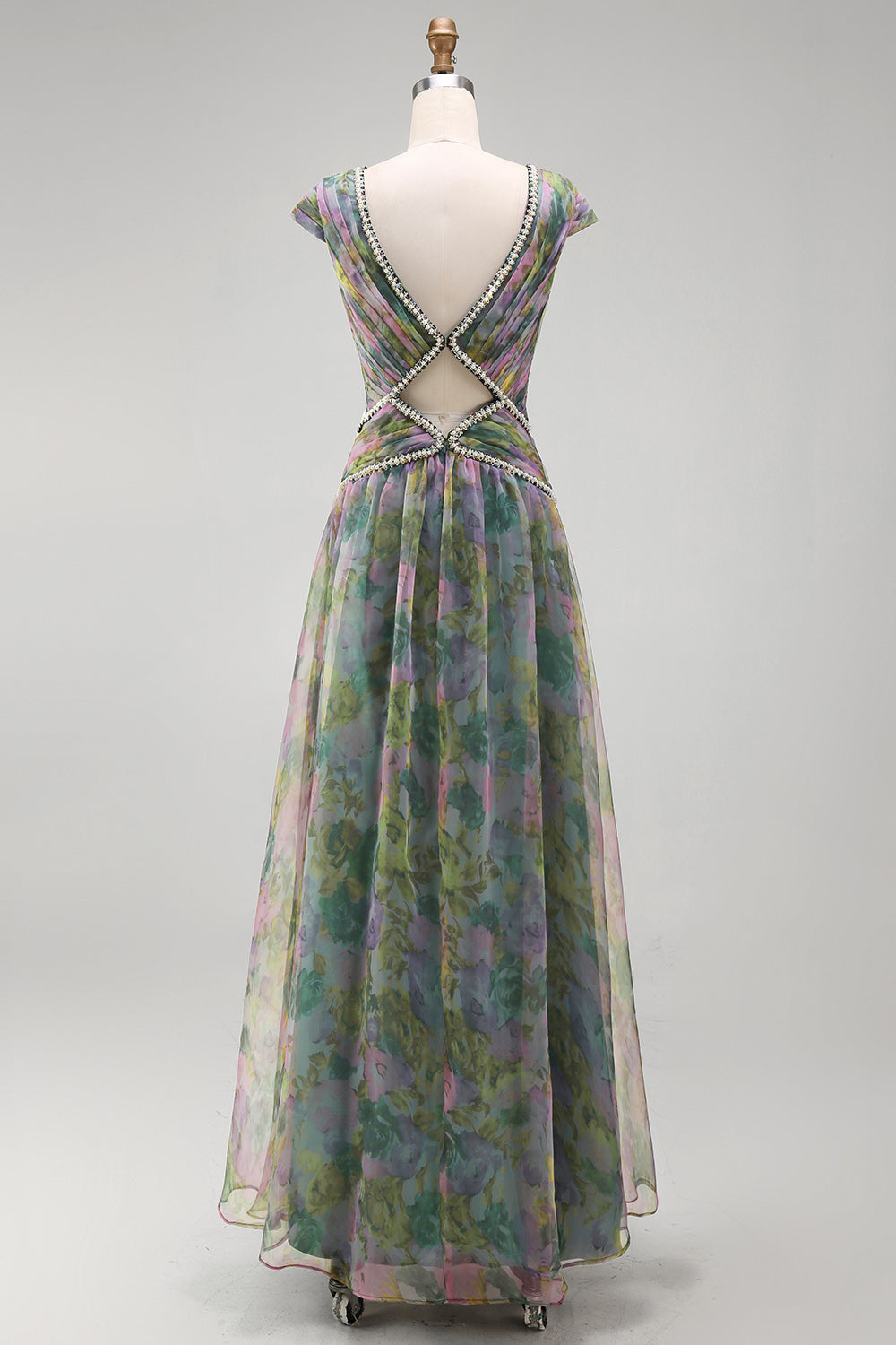 V-Neck Dusty Sage Floral Ruched Long A Line Formal Dress with Beading