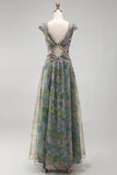 V-Neck Dusty Sage Floral Ruched Long A Line Formal Dress with Beading