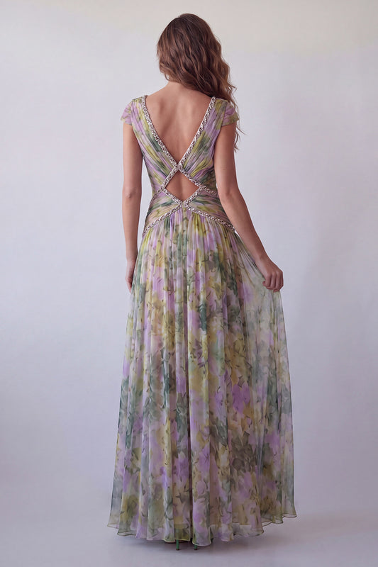 V-Neck Dusty Sage Floral Ruched Long A Line Formal Dress with Beading