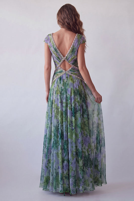 V-Neck Dusty Sage Floral Ruched Long A Line Formal Dress with Beading