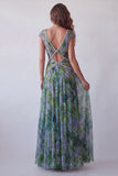 V-Neck Dusty Sage Floral Ruched Long A Line Formal Dress with Beading
