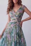 V-Neck Dusty Sage Floral Ruched Long A Line Formal Dress with Beading