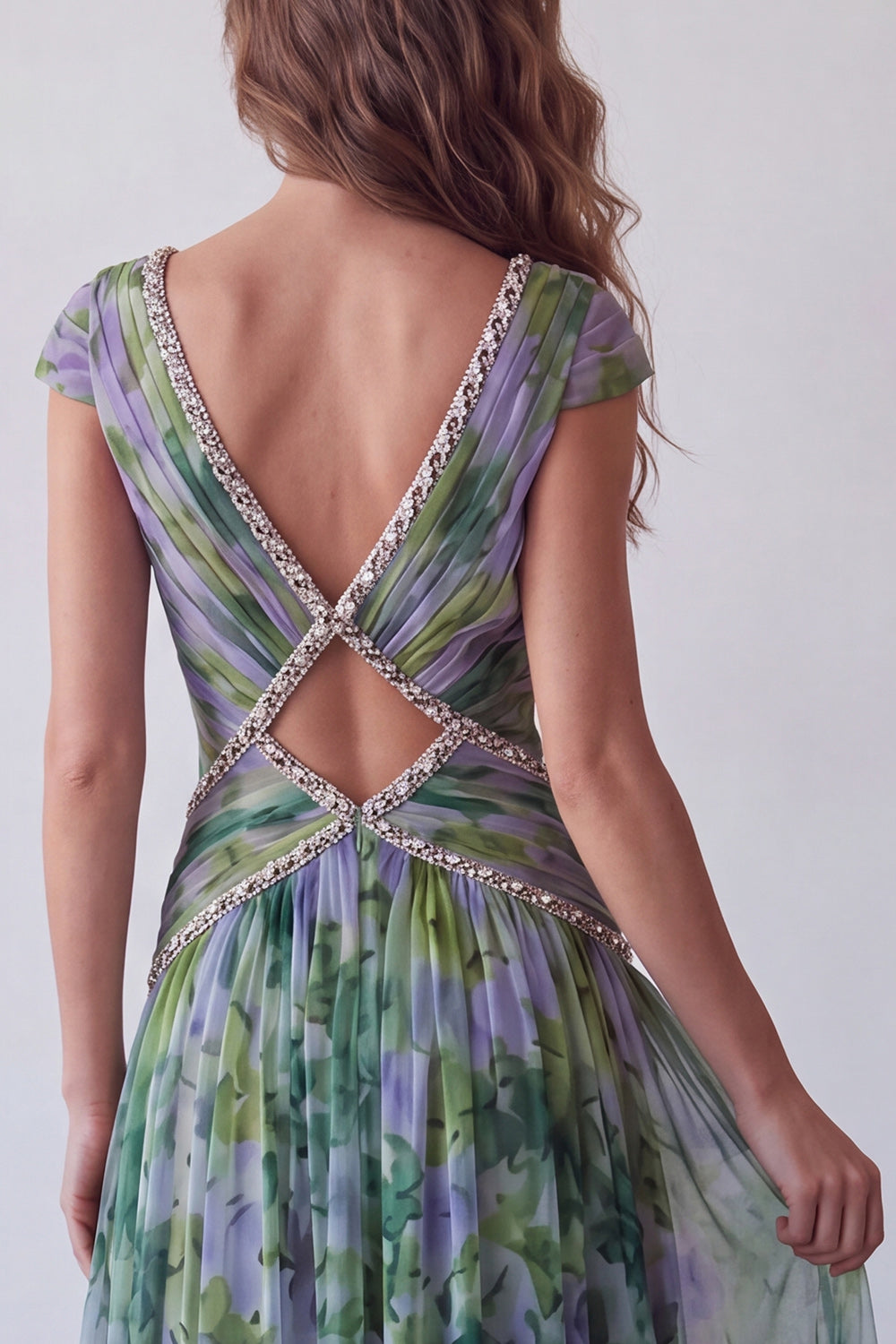 V-Neck Dusty Sage Floral Ruched Long A Line Formal Dress with Beading