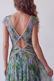 V-Neck Dusty Sage Floral Ruched Long A Line Formal Dress with Beading
