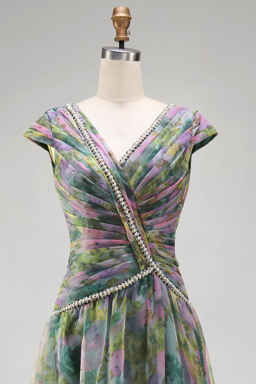 V-Neck Dusty Sage Floral Ruched Long A Line Formal Dress with Beading