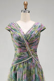 V-Neck Dusty Sage Floral Ruched Long A Line Formal Dress with Beading