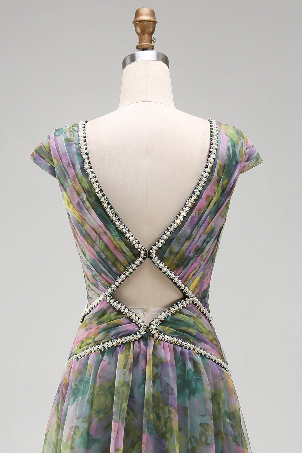 V-Neck Dusty Sage Floral Ruched Long A Line Formal Dress with Beading
