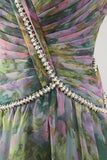 V-Neck Dusty Sage Floral Ruched Long A Line Formal Dress with Beading