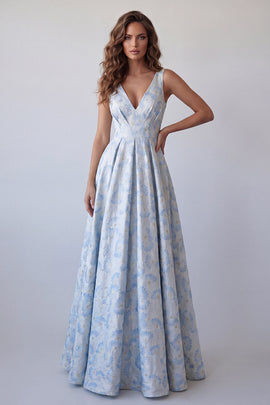 V-Neck A Line Floral Light Blue Long Formal Dress