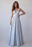 V-Neck A Line Floral Light Blue Long Formal Dress