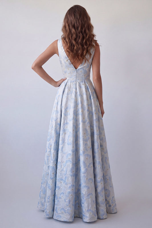 V-Neck A Line Floral Light Blue Long Formal Dress