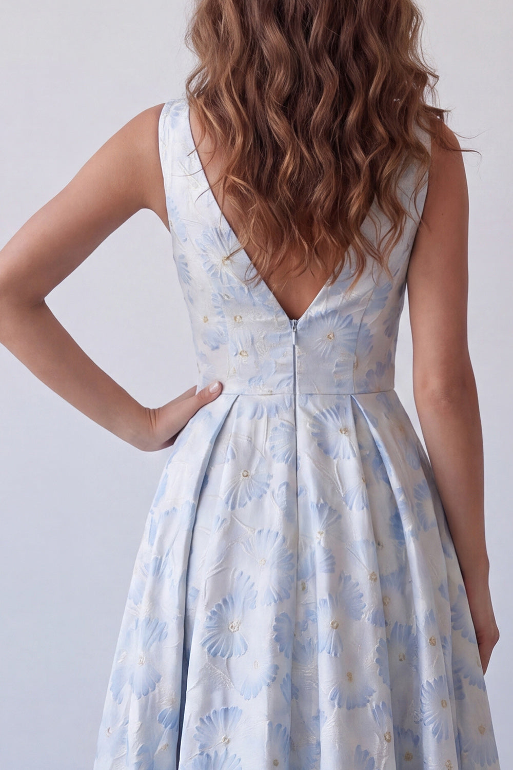 V-Neck A Line Floral Light Blue Long Formal Dress