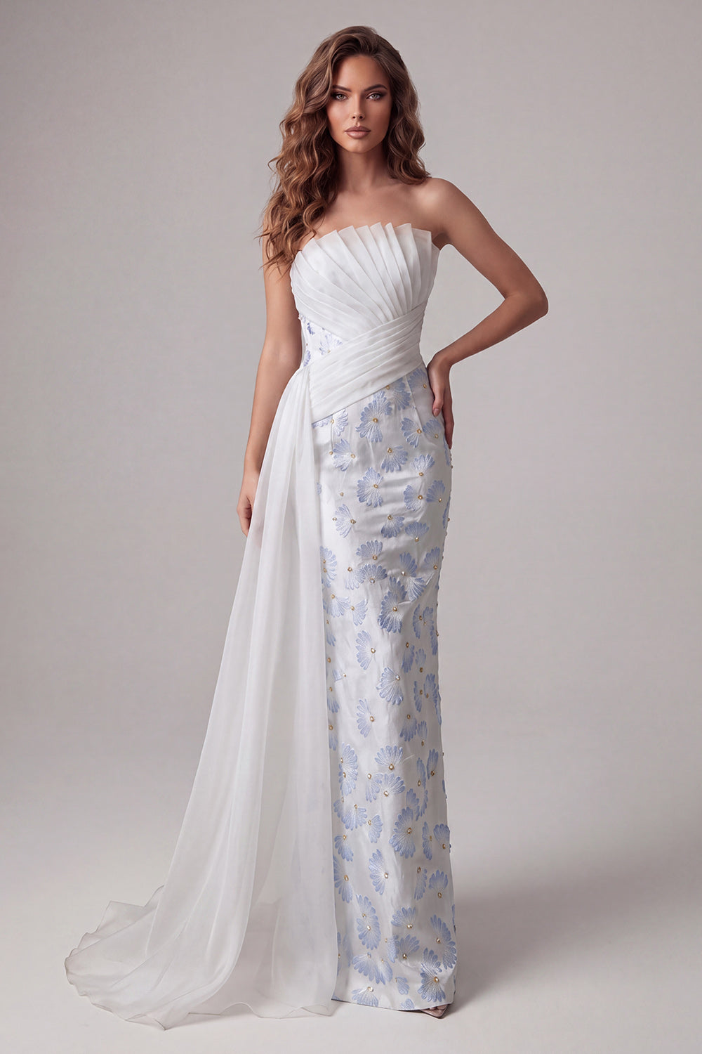 Strapless Ruched Mermaid Floral Light Blue Long Formal Dress with Side Cape