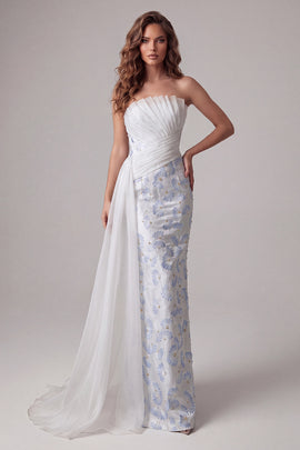 Strapless Ruched Mermaid Floral Light Blue Long Formal Dress with Side Cape