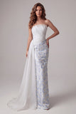Strapless Ruched Mermaid Floral Light Blue Long Formal Dress with Side Cape