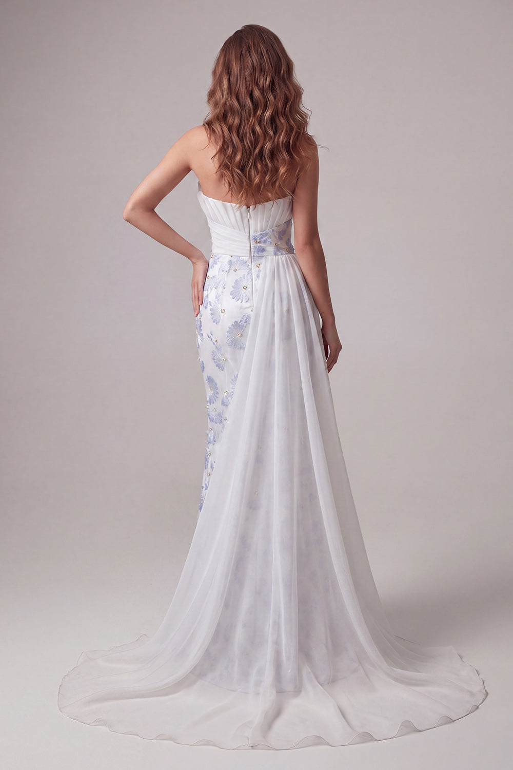 Strapless Ruched Mermaid Floral Light Blue Long Formal Dress with Side Cape