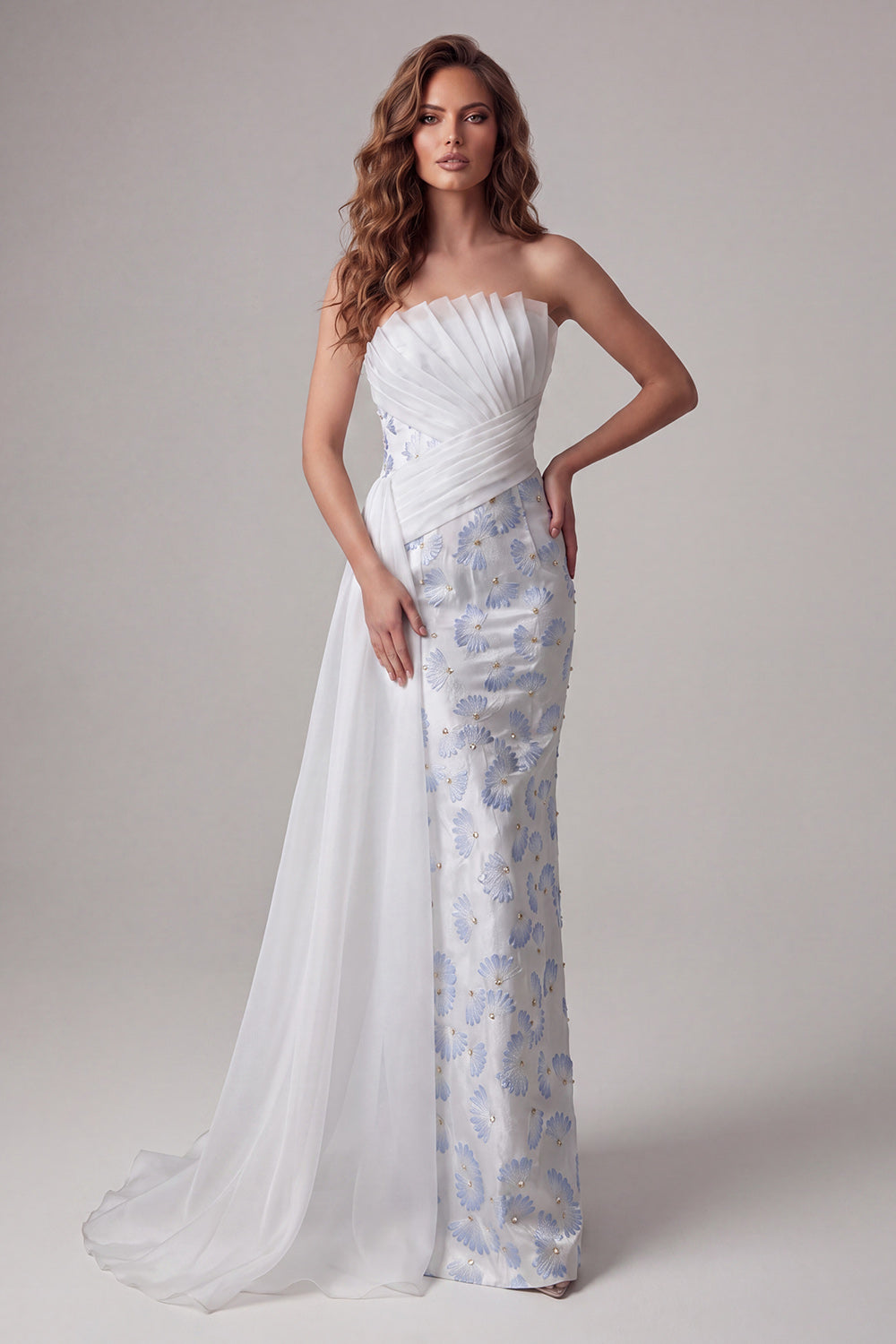 Strapless Ruched Mermaid Floral Light Blue Long Formal Dress with Side Cape