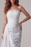Strapless Ruched Mermaid Floral Light Blue Long Formal Dress with Side Cape