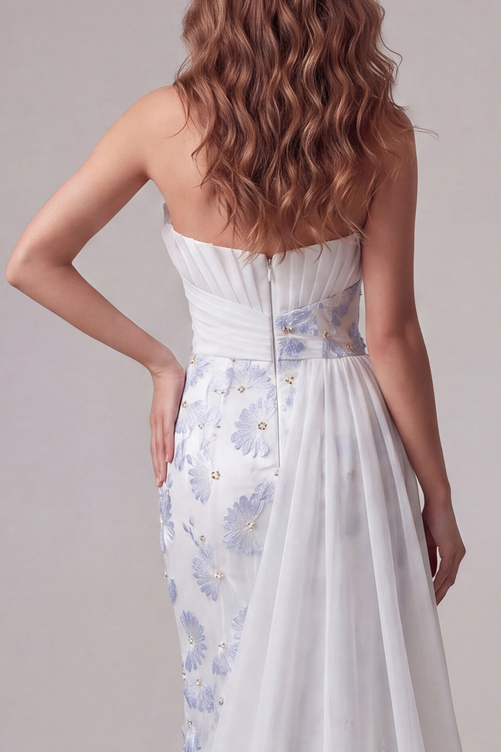 Strapless Ruched Mermaid Floral Light Blue Long Formal Dress with Side Cape