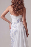 Strapless Ruched Mermaid Floral Light Blue Long Formal Dress with Side Cape