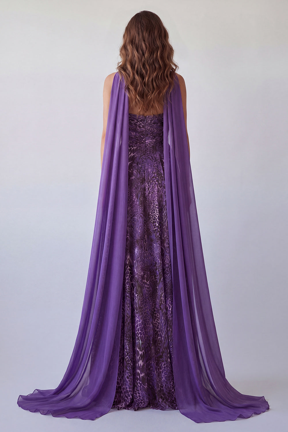 A Line Strapless Neck Scarf Purple Leopard Print Long Formal Dress