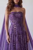 A Line Strapless Neck Scarf Purple Leopard Print Long Formal Dress